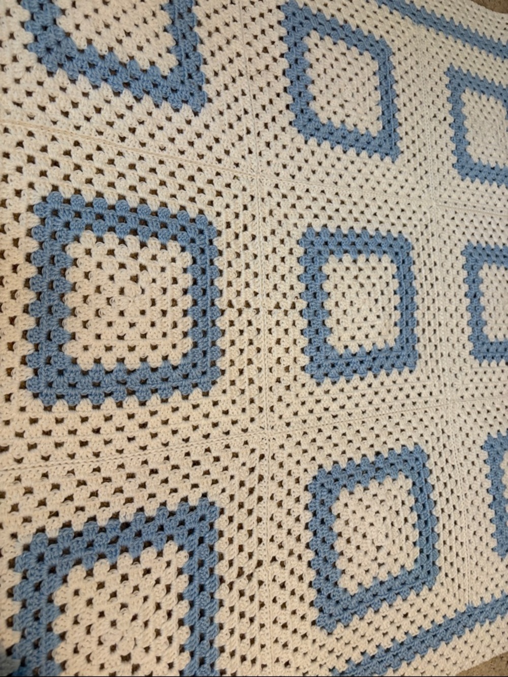 Hand Crafted Cream and Light Blue Crocheted Baby Blanket